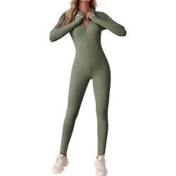 Litthing Damen Sport Jumpsuit Lang Eng Reißverschluss Bodysuit Yoga Sexy Bodycon Langarm Stretch Trainingsanzug V-Ausschnitt Sportanzug Gerippte Overall Workout Einteiliger Slim Jogginganzug von Litthing