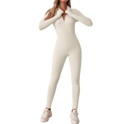 Litthing Damen Sport Jumpsuit Lang Eng Reißverschluss Bodysuit Yoga Sexy Bodycon Langarm Stretch Trainingsanzug V-Ausschnitt Sportanzug Gerippte Overall Workout Einteiliger Slim Jogginganzug von Litthing