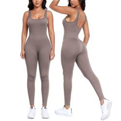 Litthing Damen Sport Jumpsuit Yoga Sexy Bodycon Lang Eng Armellos Bodysuit Stretch Trainingsanzug Sportanzug Eckigem Ausschnitt Gerippte Overall Workout Einteiliger von Litthing