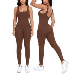 Litthing Damen Sport Jumpsuit Yoga Sexy Bodycon Lang Eng Armellos Bodysuit Stretch Trainingsanzug Sportanzug Eckigem Ausschnitt Gerippte Overall Workout Einteiliger von Litthing