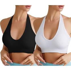 Sport BH Damen Sexy Neckholder Rückenfrei Tiefer V Ausschinitt Backless Sport BH ohne Bügel Gepolstert Push Up Bra Seamless Verstellbare Träger Mid Impact Support Fitness Yoga von Litthing