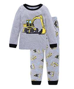 Little Hand Jungen Zweiteiliger Schlafanzug Baumwolle Lange Nachtwäsche Fahrzeug Bagger Kinder Pyjama, Grau-1, EU 122(6-7Jahre)=Tag 7Y von Little Hand