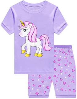 Little Hand Schlafanzug Mädchen Einhorn Eiscreme Kinder Sommer Zweiteiliger Baumwolle Kurz Nachtwäsche T-Shirt und Hose, Einhorn 2, 116 (HerstellerGröße: 130) von Little Hand