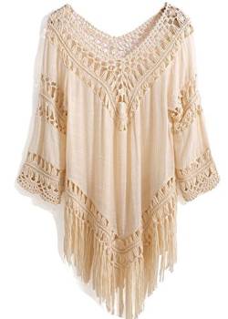 L-Peach Damen Tunika V-Ausschnitt Sommerkleid Strandkleid Strandponcho Sommer-Strand Bikini Cover Up One Size Beige von Little-Peach