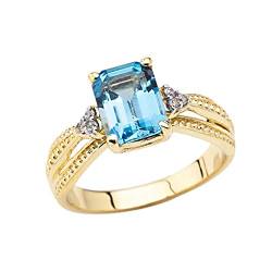 Damen Ring Verlobungs mit Diamant und blauem Topas im Smaragdschliff Mit 9 Karat Gelbgold von Little Treasures