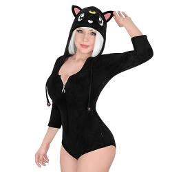 LittleForBig Baumwoll Hoodie Strampler Reißverschluss Onesie Schlafanzug Bodysuit - Schwarze Katze Luna Onesie M von LittleForBig