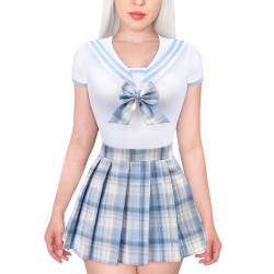 LittleForBig Baumwolle Strampler Onesie Pyjamas Bodysuit – Magisches Mädchen Pastell Karierten Rock Set Blau M von LittleForBig