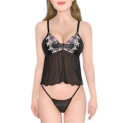 LittleForBig Damen Negligee Dessous Nachtwäsche Babydoll Strap Chemise Halter Lingerie V-Ausschnitt Schlafanzug-Bratty Bralette Tanga Dessous Set Schwarz M von LittleForBig