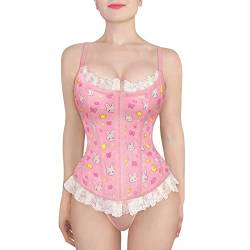 LittleForBig Damen Riemen Spitze Überbrust Korsett mit Schnürung Vollbrust Korsage Bustier Bodyshaper Top -Cottagecore Usagi Korset Rosa L von LittleForBig