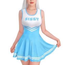 LittleForBig Damen Seidenweichen Ärmellose Overall Cheer Sissy Bodycon Mini Kleid Rock Blau M von LittleForBig