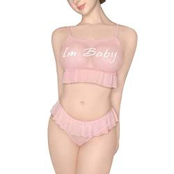 LittleForBig Mesh Tutu Spitzenbesatz Damen Nachtwäsche Träger Pyjama Cami Top und Tanga Bralette Set - I'm Baby Rosa L von LittleForBig