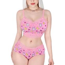 LittleForBig Spitzenbesatz Damen Nachtwäsche Träger Pyjama Cami Top und Shorts Dessous Bralette Loungewear Set - Süße Usagi Rosa L von LittleForBig