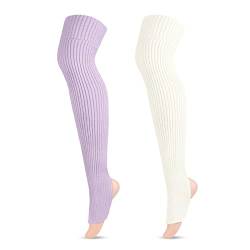 LittleForBig Thigh High School Girl Boot Socks Extra Long Over The Knee Knitted Stirrup Stockings 2 Pairs - White/Purple von LittleForBig