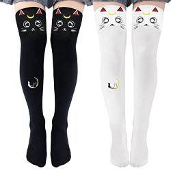 Littleforbig Thigh High Cute Luna Moon Cat Print Overknee Seidenstrümpfe 2 Paar - Weiß und Schwarz, Weiss/opulenter Garten, Large von LittleForBig