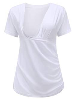 Liu & Qu Still-T-Shirt für Damen, kurzärmelig, V-Ausschnitt, gerüscht, Still-T-Shirt - Weiß - Mittel von Liu & Qu