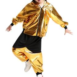 Liujiami Mädchen Kostüm-Sets Hip Hop Tanzkleidung Kinder Jungen Pailletten Tanzen Gesellschaftstanz Modern Jazz Kleidung Oberteil Hose 2-Teilig Straßentanz Outfits, Gold 130cm (Kleinere Größen) von Liujiami