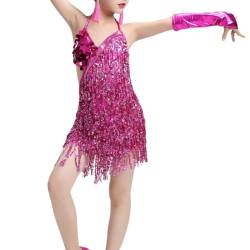 Liujiami Mädchen Schleife Pailletten Quaste Lateinisches Tanzkleid Kinder Salsa Samba Rumba Tango Jazz Karneval Auftritt Wettbewerb Kostüm, Rosa 120cm (Kleinere Größen) von Liujiami
