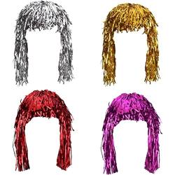 Halloween Perücken Haarstücke für Erwachsene, 4 Stücke Folienhochstoffe Perücken Zetty Kleid glänzende Party Perücken Metallic Kostüm Cosplay Vorräte (Gold, Silber, Rot und Rosa) von Liummrcy