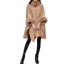 Damen-Umhang, einfarbig, Kunstfellkragen, modisch, Herbst, Winter, warm, mittellanger Poncho-Mantel, camel, 48 von Livecitys