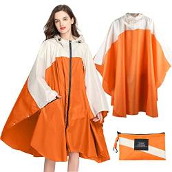 Lively Life Regenponcho für Damen, Leichter Regenjacke Wasserdichter Regenmantel Wiederverwendbar Regen Poncho Raincoat Atmungsaktiv Regencape mit Kapuze für Camping Outdoors, Weiß & Orange von Lively Life