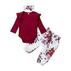 Livingsenburg Baby Mädchen Langarm Red Romper Floral Hose Stirnband 3 Stück Kleinkind Kurzarm Tops Hosen Outfits Set für 0-24 Monate (12-24Monate, F-Rot) von Livingsenburg