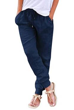 Hose Damen Sommer Casual Baumwolle Leinen Stoffhose Einfarbig Freizeithose Stretch Leicht Leinenhose Straight Leg Hose und Taschen (Z Navy blau, L) von Livonmone