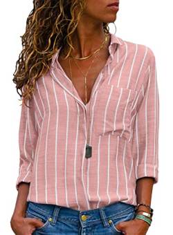 Livonmone Bluse Damen Langarm Casual Streifen Oberteile Hemd Lose V-Ausschnitt Langarmshirt Chiffon Blusen Tops Elegant (Rosa, M) von Livonmone