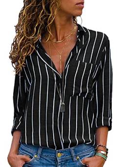 Livonmone Bluse Damen Langarm Casual Streifen Oberteile Hemd Lose V-Ausschnitt Langarmshirt Chiffon Blusen Tops Elegant (Schwarz, XL) von Livonmone