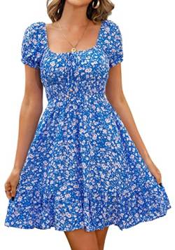 Livonmone Damen Kleid Lässig Sommerkleid Blumendruck Hohe Taille Kleider Puff Ärmel Retro Sexy Casual Tunika Beach Minikleid (Blau, XL) von Livonmone