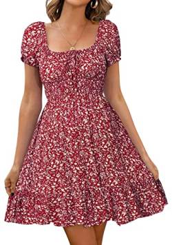 Livonmone Damen Kleid Lässig Sommerkleid Blumendruck Hohe Taille Kleider Puff Ärmel Retro Sexy Casual Tunika Beach Minikleid (Burgund, L) von Livonmone