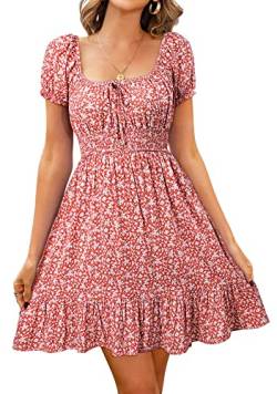 Livonmone Damen Kleid Lässig Sommerkleid Blumendruck Hohe Taille Kleider Puff Ärmel Retro Sexy Casual Tunika Beach Minikleid (Rosa, L) von Livonmone