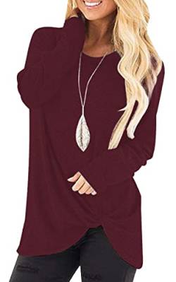 Livonmone Damen Langarmshirt Rundhals Oberteile Casual Lose Tshirt Einfarbige Langen Ärmeln Shirts Basic Baumwolle Tunika Bluse Tops (Rotwein, L) von Livonmone