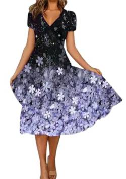 Sommerkleid Damen Kurzarm V-Ausschnitt Blumendruck A-Linie Kleid Midikleid Partykleid Freizeitkleid Strandkleid (A Violett, L) von Livonmone