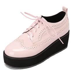 Lizoleor Damen Schnüren Mode Lack Brogue Plateau Keilabsatz Schuhe Closed Toe Leisure Oxford Klassischer Buro Schuhe Pink Gr 40 EU/41Cn von Lizoleor