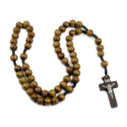 Lllunimon 10 Mm Natürliche Holzgebet Perlen Rosenkranz Halskette, Handgefertigtes Religionskreuz Rosenkranzgebet Schmuck Für Frauen Männer,B von Lllunimon