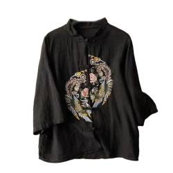 Frühling und Sommer Stehkragen Einreiher Hemd für Frauen Chinesischer Stil Bestickt Baumwolle und Leinen Top, Schwarz , X-Large von Lmtossey