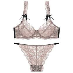 LoriEr Sexy Damen Dessous Set aus weicher Spitze Durchsichtige Unterwäsche Floral Spitze Bügel durchsichtig ungefüttert Balconette BH und Panty Set von LoRier