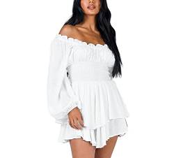 Damen Schulterfrei Höhe Taille Minikleid mit Rüschen Casual A-Linien Freizeitkleid Strandwear (Weiß, S) von Loalirando
