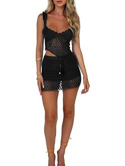 Damen Y2K Zweiteiler Outfits Ärmellos Hollow Out Crop Top + Bodycon Elastische Rock Strandbekleidung Set (Schwarz, XL) von Loalirando