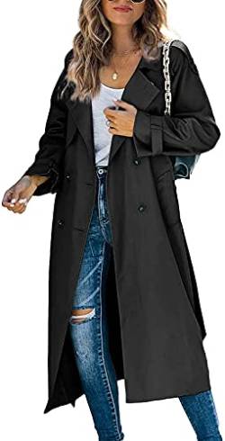 Frauen Casual Lange Trench Winddicht Mantel mit Gürtel Einfarbig Zweireiher Revers Kragen Windbreaker Jacke Frühling Herbst Mantel S-2XL, Schwarz , 42 von Loalirando