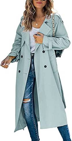 Frauen Casual Lange Trench Winddicht Mantel mit Gürtel Einfarbig Zweireiher Revers Kragen Windbreaker Jacke Frühling Herbst Mantel S-2XL, blau, 48 von Loalirando