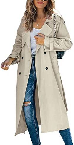 Frauen Casual Lange Trench Winddicht Mantel mit Gürtel Einfarbig Zweireiher Revers Kragen Windbreaker Jacke Frühling Herbst Mantel S-2XL, khaki, 36 von Loalirando