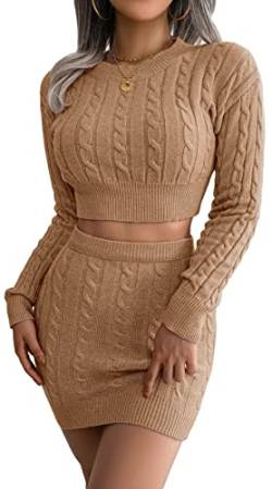 Loalirando Chic Damen Herbst Outfit Zweiteiler Kleid Bauchfrei Crop Top Pullover+ Hohe Taille Bodycon Rock (Khaki, M) von Loalirando