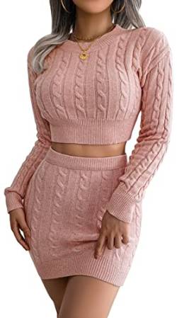 Loalirando Chic Damen Herbst Outfit Zweiteiler Kleid Bauchfrei Crop Top Pullover+ Hohe Taille Bodycon Rock (Rosa, M) von Loalirando