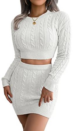 Loalirando Chic Damen Herbst Outfit Zweiteiler Kleid Bauchfrei Crop Top Pullover+ Hohe Taille Bodycon Rock (Weiß, L) von Loalirando