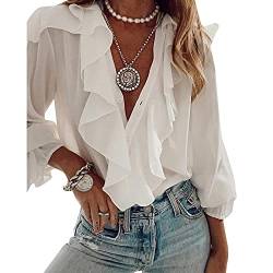 Loalirando Damen-Bluse mit langen Ärmeln, elegant, V-Ausschnitt, sexy Bluse für Büro, Casual, weiß, Medium von Loalirando
