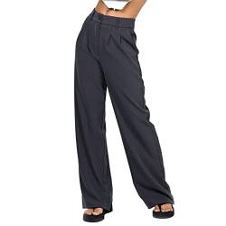 Loalirando Damen Casual Geradem Bein Anzughosen Höhe Taille Weites Bein Hosen mit Taschen Klassische Fließende Palazzo-Hose (Grau, XL) von Loalirando