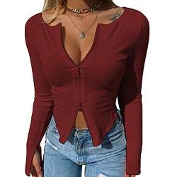 Loalirando Damen Crop Tops Bauchfrei Sexy Pullover Reißverschluss Langarm Wear V-Ausschnitt T-Shirt Oberteil Slim Fit Tops (Weinrot, S) von Loalirando