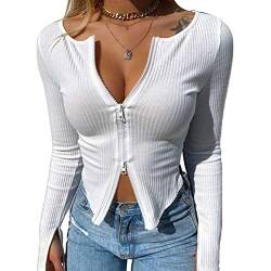 Loalirando Damen Crop Tops Bauchfrei Sexy Pullover Reißverschluss Langarm Wear V-Ausschnitt T-Shirt Oberteil Slim Fit Tops (Weiß, S) von Loalirando