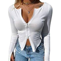 Loalirando Damen Crop Tops Bauchfrei Sexy Pullover Reißverschluss Langarm Wear V-Ausschnitt T-Shirt Oberteil Slim Fit Tops (Weiß, XL) von Loalirando